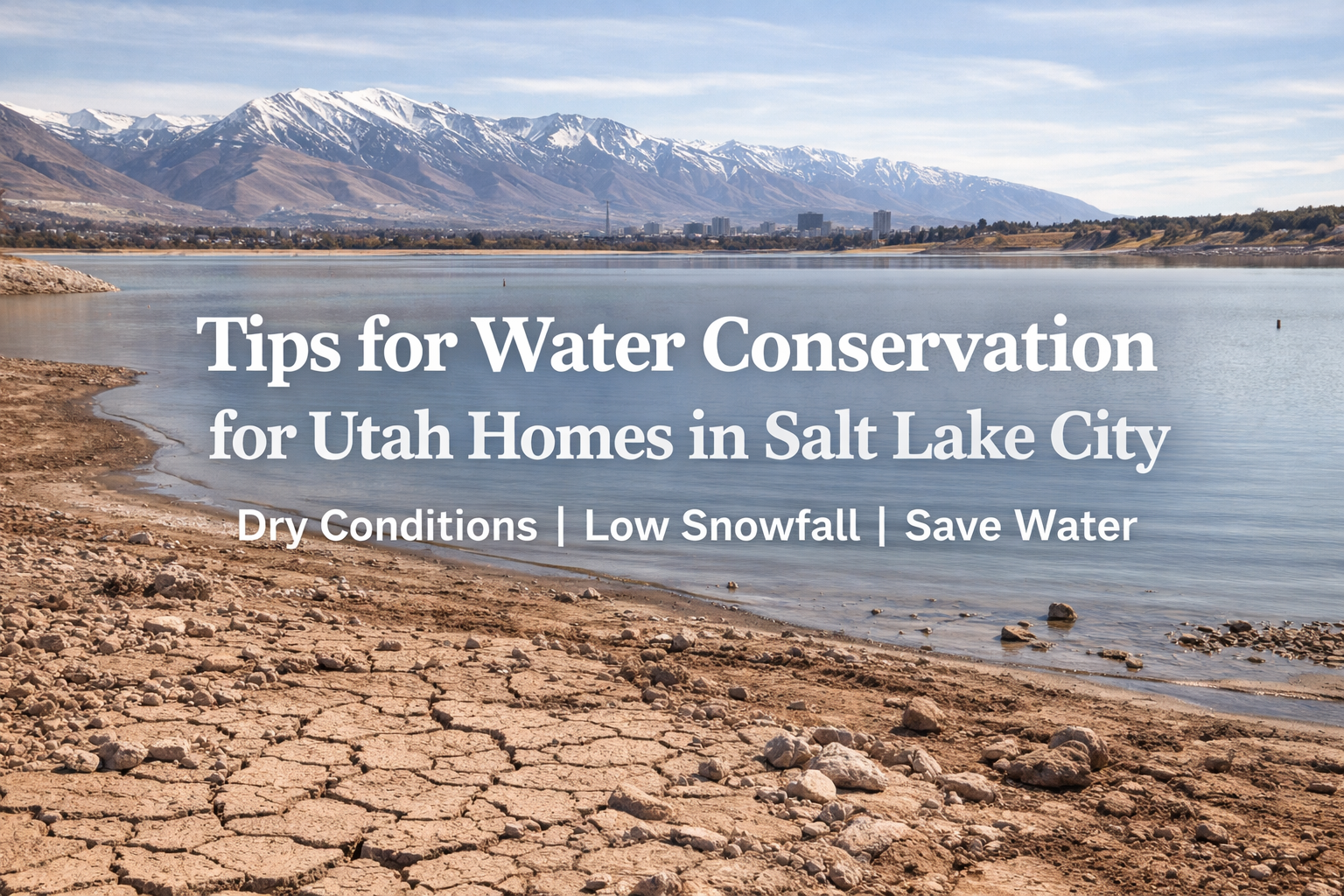 Tips for water conservation for Utah homes in Salt Lake City shown over a low water reservoir with dry shoreline and mountain backdrop.